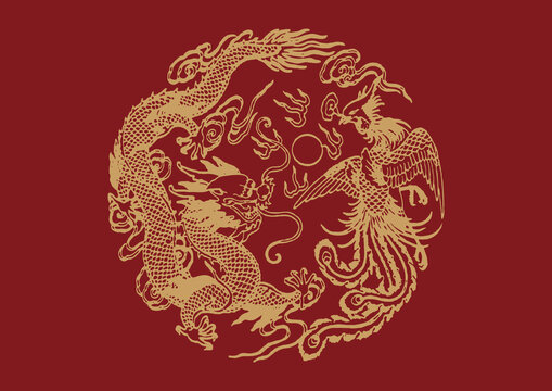 龍鳳呈祥中式龍團(tuán)花紋浮雕吉祥圖案矢量