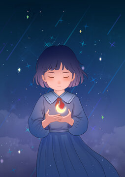 女孩手捧月亮唯美插畫