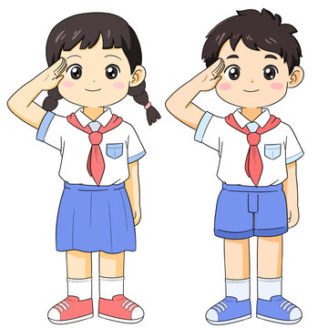 卡通敬禮的紅領巾小學生