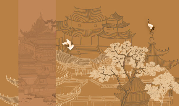 新中式樓閣建筑背景墻