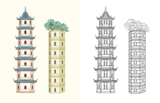 溫州江心嶼江心雙塔古建筑線稿