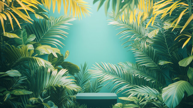 熱帶植物背景與極簡展示臺