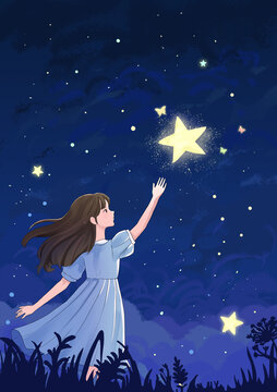 女孩夜空抓星星手繪插畫