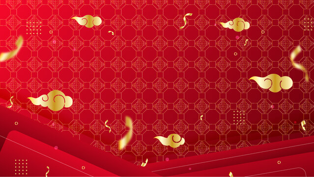 春節(jié)紅色促銷氛圍背景金色底紋祥云飄帶矢量