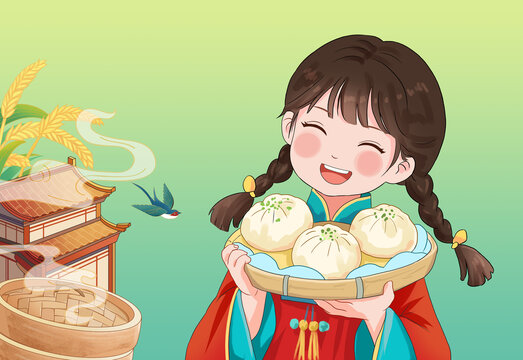 女孩拿著包子手繪插畫