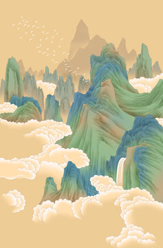 仿大千先生青綠山水立軸