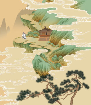 手繪青綠山水古風(fēng)祥云圖