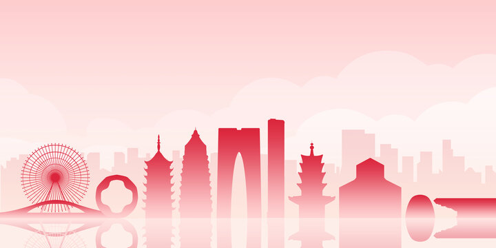 蘇州城市地標(biāo)剪影插畫