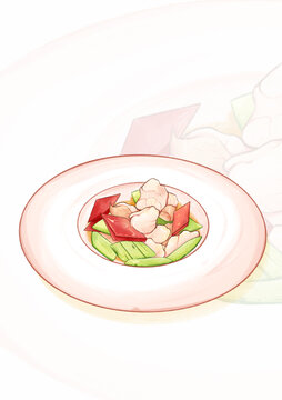青瓜炒蝦仁水彩插畫