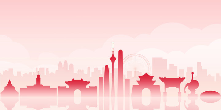 天津城市地標剪影插畫