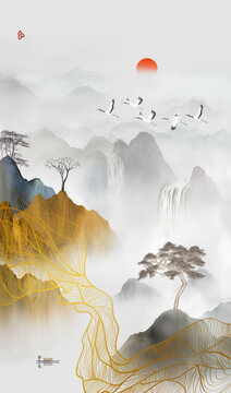 流水生財(cái)金色山水畫