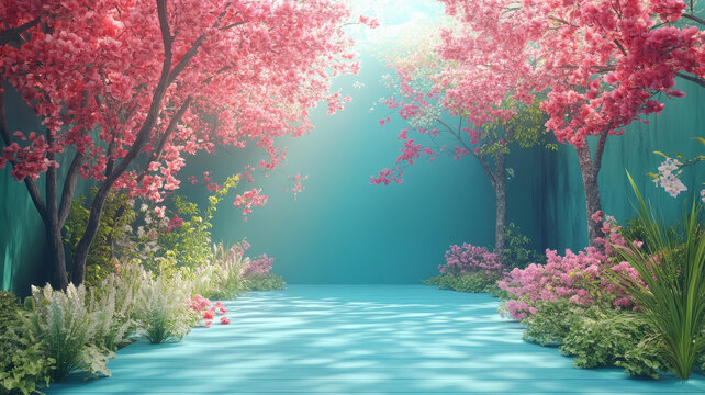 夢(mèng)幻粉嫩櫻花樹木花徑背景圖
