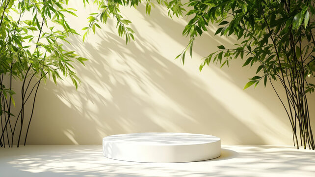 簡(jiǎn)約白色展示臺(tái)與茂盛竹林