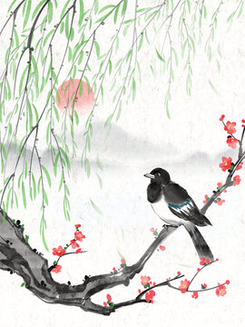 水墨禪意國(guó)風(fēng)柳樹(shù)梅花喜鵲春季插畫(huà)