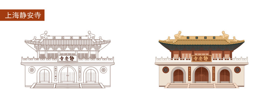 上海地標古建筑靜安寺線稿