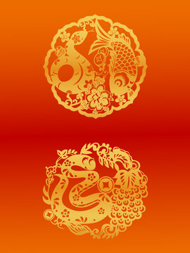 蛇年?duì)C金新春春節(jié)文創(chuàng)包裝剪紙風(fēng)矢量圖