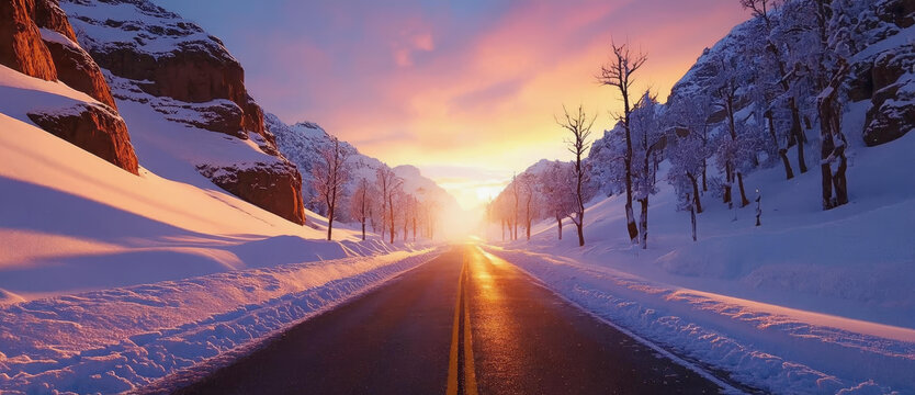冬日朝陽山路美景