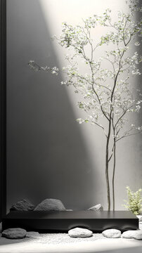 現(xiàn)代簡(jiǎn)約產(chǎn)品展示臺(tái)與石頭和樹