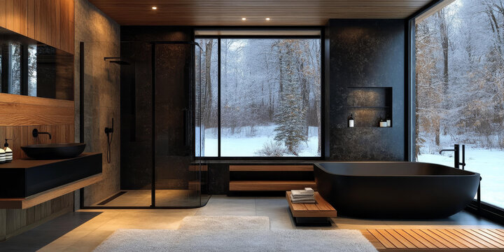 現(xiàn)代冬季小屋浴室全景