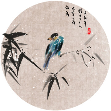 手繪國畫意境下雪竹子