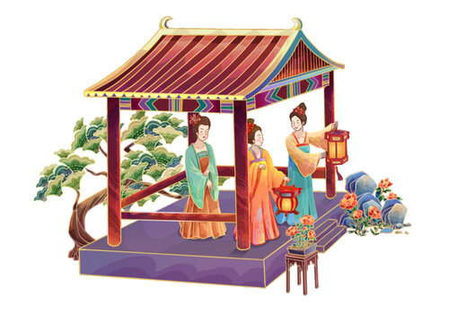 在涼亭里賞花燈的古人們手繪國(guó)潮免摳素材
