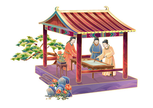 在涼亭里寫(xiě)詩(shī)作畫(huà)的古人們手繪國(guó)潮免摳素材