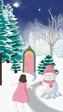 扁平風(fēng)格圣誕節(jié)系列故事風(fēng)景女孩走在雪地上
