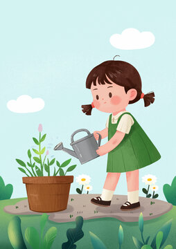 谷雨時(shí)節(jié)澆水小女孩