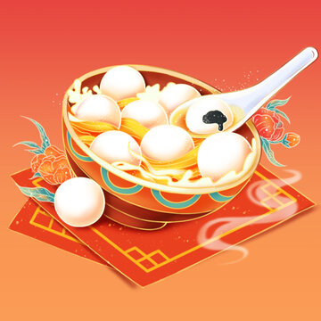 元宵湯圓美食國(guó)潮風(fēng)插畫(huà)元素