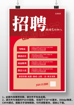 紅色簡約超市商場店面門店招聘廣告海報(bào)設(shè)計(jì)