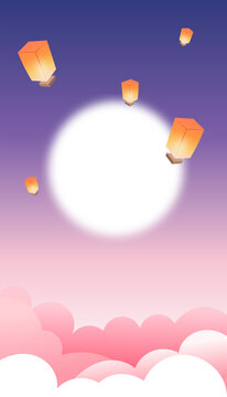 七夕節(jié)情人節(jié)中秋節(jié)孔明燈月亮祥云豎版背景