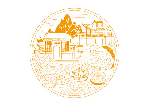 福鼎城市地標古建筑插圖版畫素描底紋矢量圖