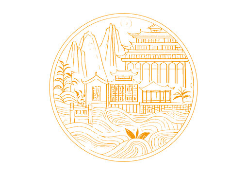 福鼎城市地標(biāo)古建筑插圖版畫素描底紋矢量圖