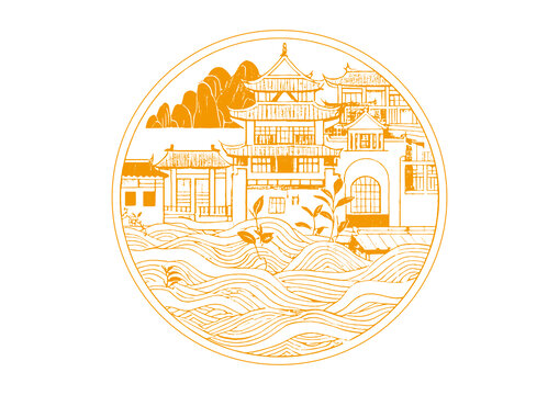 福鼎城市地標(biāo)古建筑插圖版畫素描底紋矢量圖