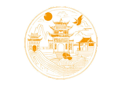 福鼎城市地標(biāo)古建筑插圖版畫素描底紋矢量圖