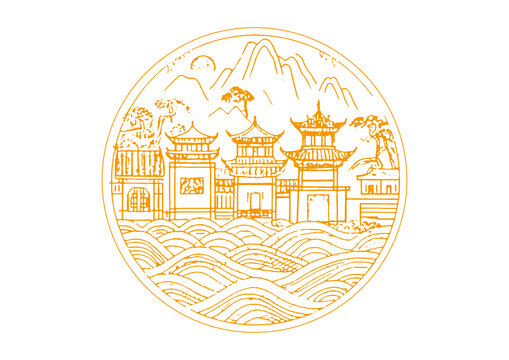 福鼎城市地標(biāo)古建筑插圖版畫素描底紋矢量圖