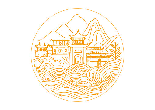 福鼎城市地標(biāo)古建筑插圖版畫素描底紋矢量圖