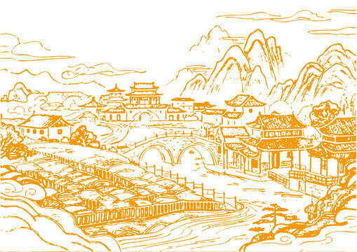 山水畫卷插圖版畫素描底紋古建筑紋理矢量圖