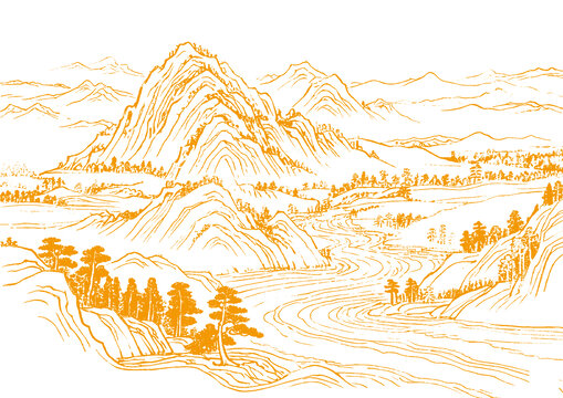 山水畫卷插圖版畫素描底紋古建筑紋理矢量圖