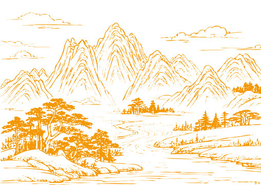 山水畫卷插圖版畫素描底紋古建筑紋理矢量圖