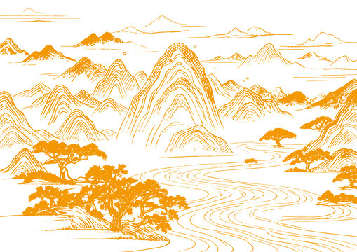 山水畫卷插圖版畫素描底紋古建筑紋理矢量圖