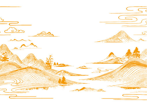 山水畫卷插圖版畫素描底紋古建筑紋理矢量圖