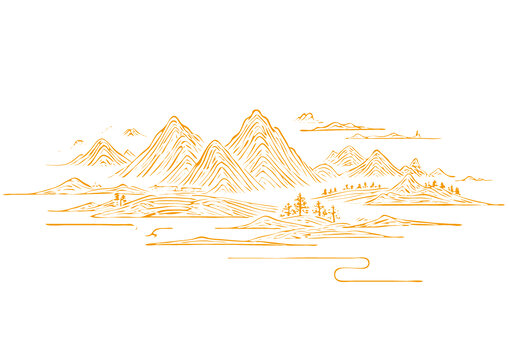 山水畫卷插圖版畫素描底紋古建筑紋理矢量圖