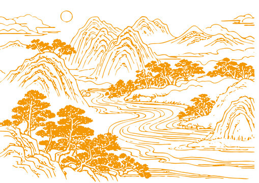 山水畫卷插圖版畫素描底紋古建筑紋理矢量圖