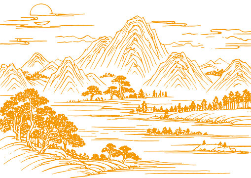 山水畫(huà)卷插圖版畫(huà)素描底紋古建筑紋理矢量圖