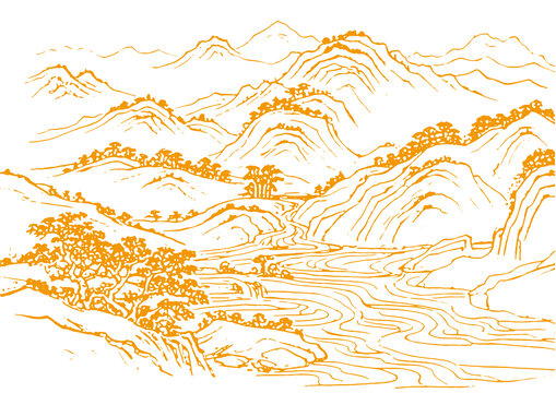 山水畫卷插圖版畫素描底紋古建筑紋理矢量圖