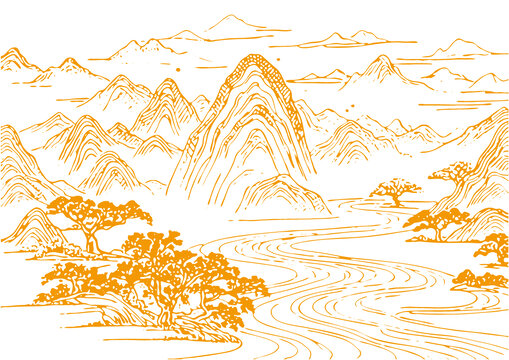 山水畫卷插圖版畫素描底紋古建筑紋理矢量圖