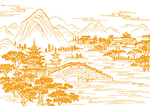 山水畫卷插圖版畫素描底紋古建筑紋理矢量圖