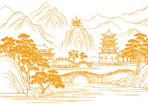 山水畫卷插圖版畫素描底紋古建筑紋理矢量圖