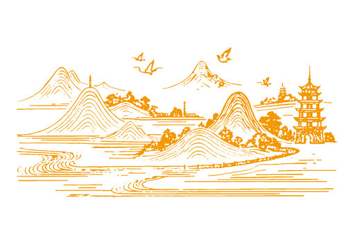 山水畫卷插圖版畫素描底紋古建筑紋理矢量圖